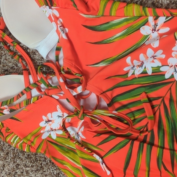 Kona sol red orange tropical floral v wire one piece open tie back swim suit - Picture 7 of 7